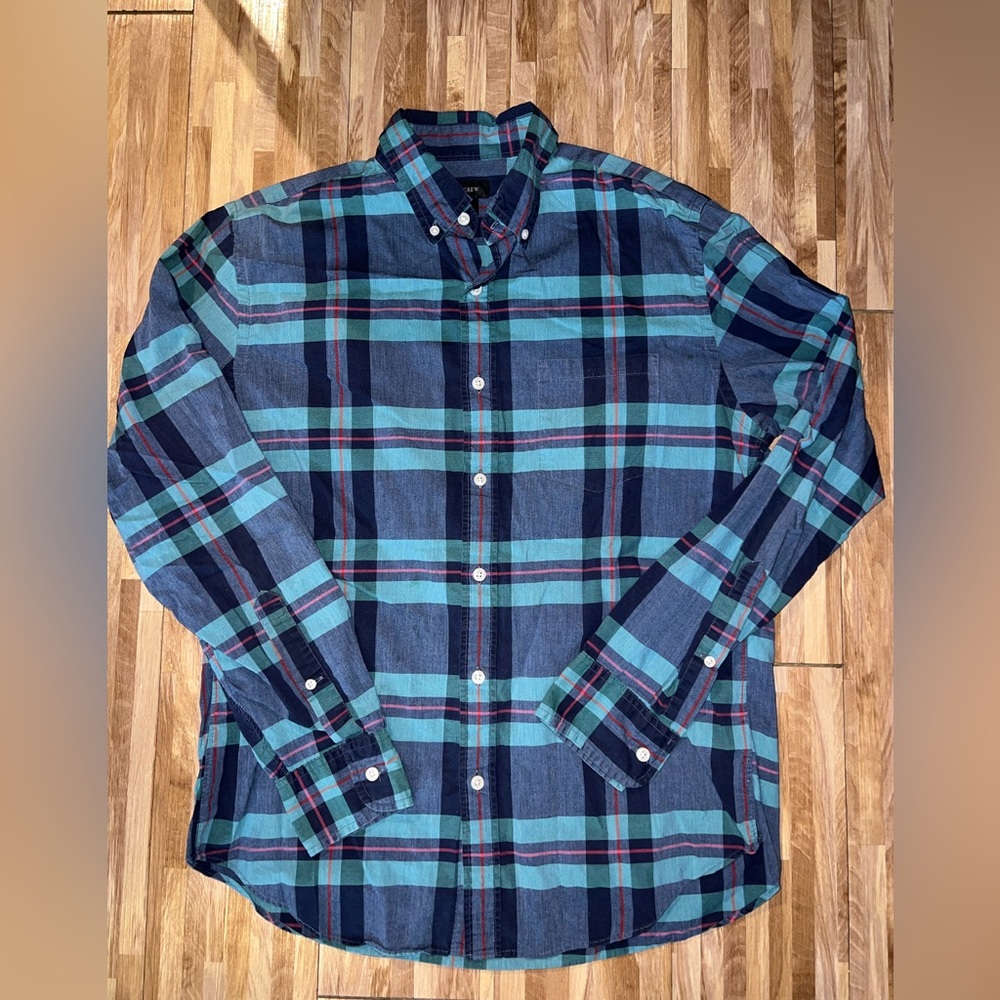 J. Crew Men's Casual Plaid Shirt - Blue and Green